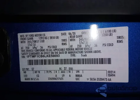 2020 Ford F-150 Xl из США, поврежденный, VIN 1FTMF1CB6LKE56693